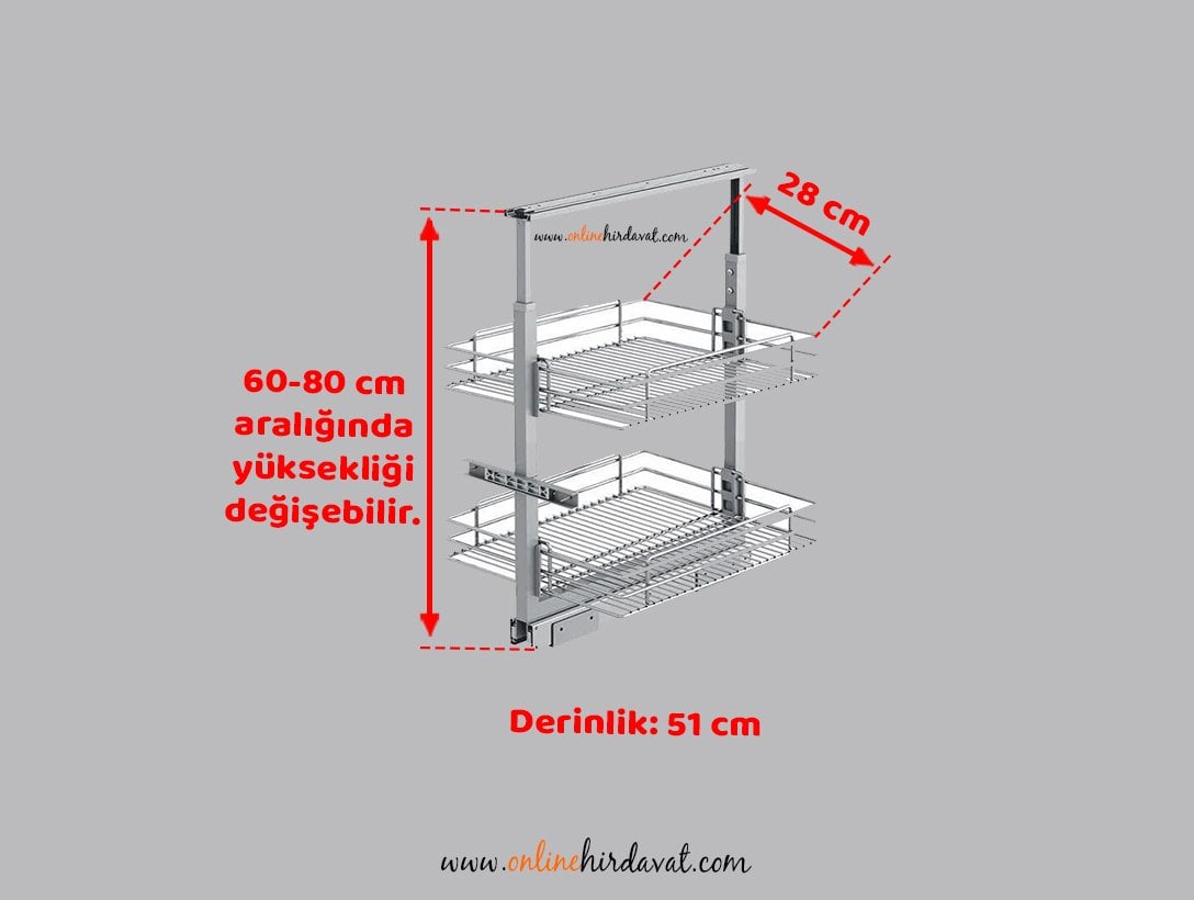 Starax Sepetli Teleskopik Mutfak Kiler 1102 Tel Sepetli / 35 cm - 60 cm - 80 cm Arası / 2 Sepetli