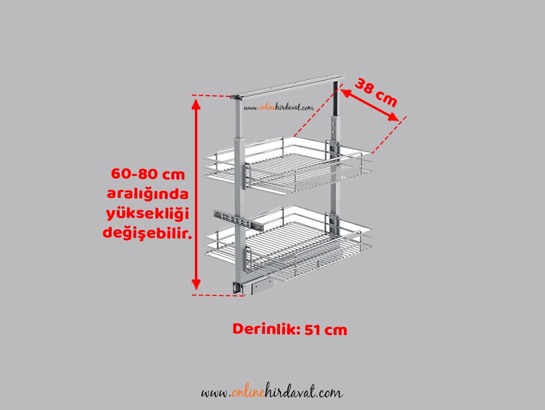 Starax Sepetli Teleskopik Mutfak Kiler 1104 Tel Sepetli / 45 cm - 60 cm - 80 cm Arası / 2 Sepetli