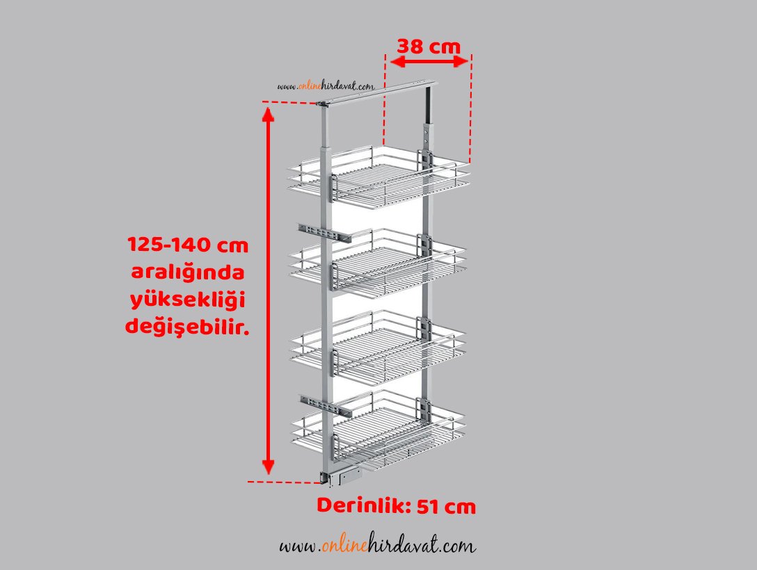 Starax Sepetli Teleskopik Mutfak Kiler 1122 Tel Sepetli / 45 cm - 125 cm - 140 cm Arası / 4 Sepetli