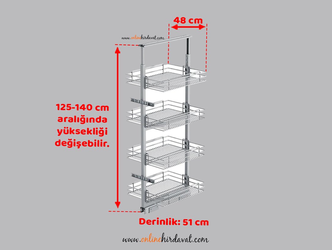 Starax Sepetli Teleskopik Mutfak Kiler 1124 Tel Sepetli / 55 cm - 125 cm - 140 cm Arası / 4 Sepetli