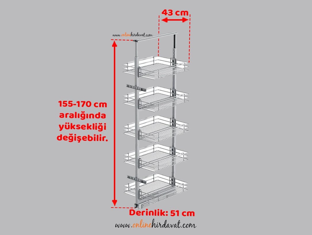 Starax Sepetli Teleskopik Mutfak Kiler 1135 Tel Sepetli / 50 cm - 155 cm - 170 cm Arası / 5 Sepetli