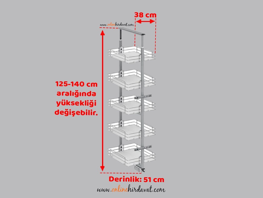 Starax Sepetli Teleskopik Mutfak Kiler 1522 Ahşap Tabanlı / 45 cm - 140 cm - 155 cm Arası / 5 Sepetli