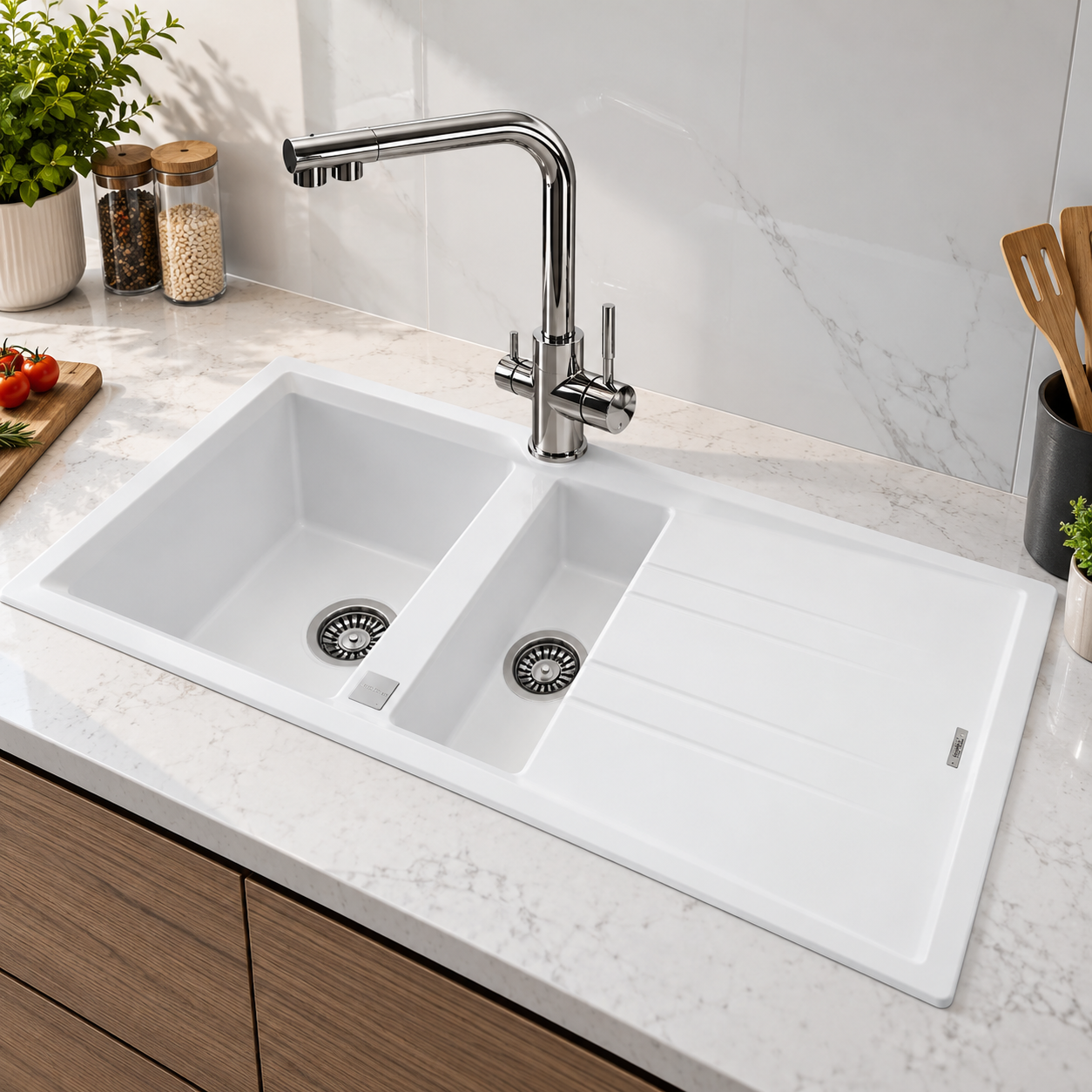 Teka Stone 60 Beyaz Evye + Duxxa Arıtmalı Batarya Seti