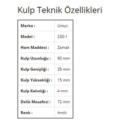 Umut 230-1 Gömme Antik Mobilya Kulp 72 mm