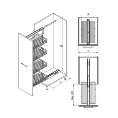 Starax Sepetli Teleskopik Mutfak Kiler 1120 Tel Sepetli / 35 cm - 125 cm - 140 cm Arası / 4 Sepetli